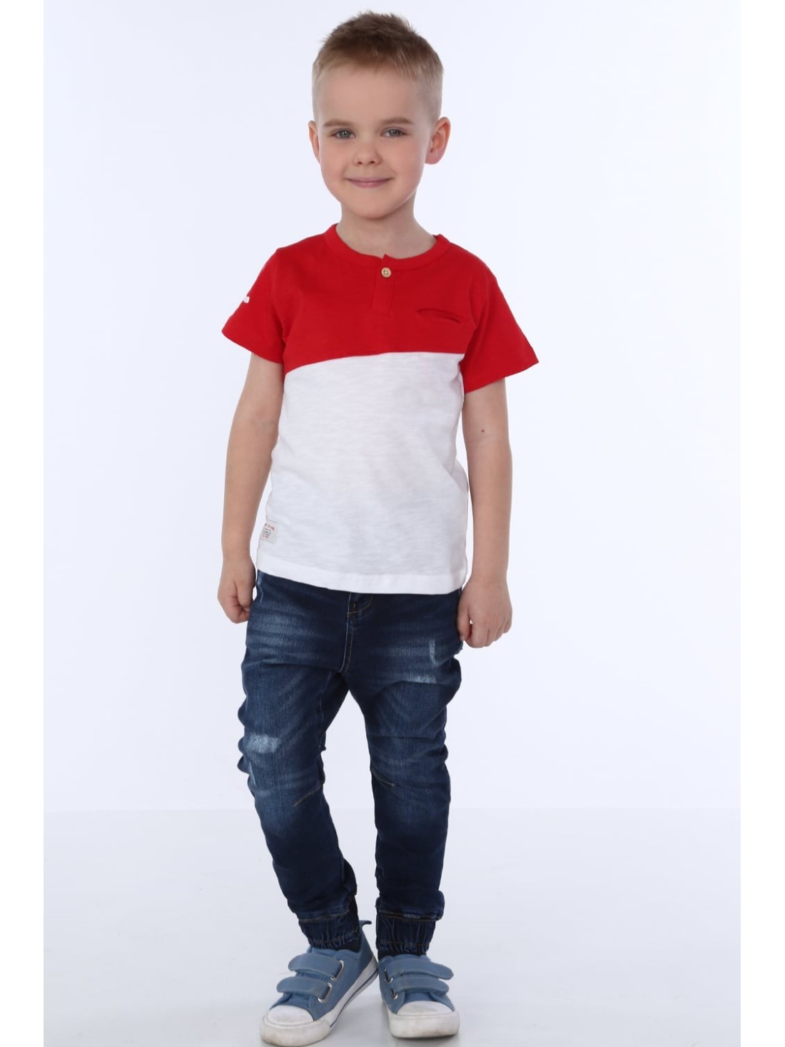 Boy\'s T-shirt with a button, red and white NDZ4487 - Online store - Boutique